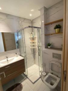 a bathroom with a shower and a toilet and a sink at Belle appartement à découvrir in El Harhoura +10 photos