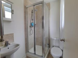 a bathroom with a shower and a toilet and a sink at Double bedroom with bathroom en suite and a large balcony for short or long let in London Canary Wharf E14 in London