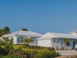 a house with a white garage and palm trees at Stay Maeumgyul - Aewol Jacuzzi Pension in Jeju