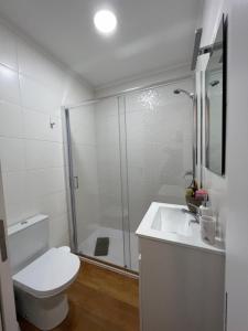 y baño con ducha, aseo y lavamanos. en Urban 41 Guest House en Ponta Delgada