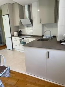 una cocina con armarios blancos y fregadero en Apartamento Rural El Estrecho de Arguedas, en Arguedas