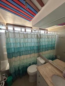 a bathroom with a toilet and a shower curtain at Departamento Jardin del Mar La Serena in Coquimbo