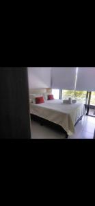 1 dormitorio con 2 camas y ventana en Edificio DaLuis en Punta del Este