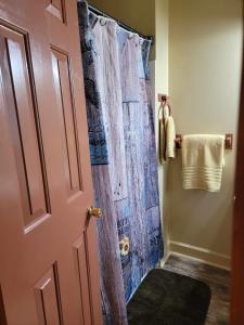 a bathroom with a shower with a blue shower curtain at Moonlight Manor Bed & Breakfast in Floyd