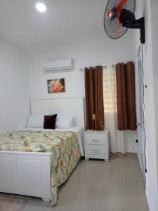 1 dormitorio blanco con 1 cama y ventilador en DaDaJuBa Aparta hotel, en Santa Bárbara de Samaná