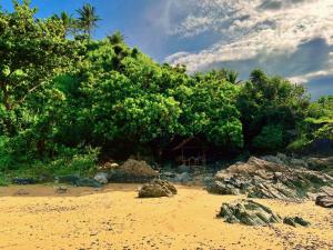 L'Astrolabe - Beach Kubo في Baras: مجموعة من الأشجار والصخور على الشاطئ