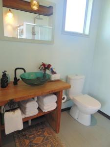 a bathroom with a sink and a toilet at Raglan's Tranquil Garden Retreat - Moa Stone Lodge in Raglan