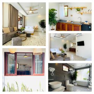 un collage de fotos de una sala de estar y una cocina en Sol Inn - Moc Chau, en Mộc Châu