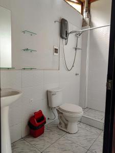 a bathroom with a toilet and a sink and a shower at Cabañas Ecowasi in Tingo María