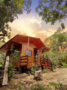 una pequeña cabaña de madera con un tronco de árbol delante de ella en Cabañas Ecowasi, en Tingo María