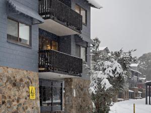 a building with snow on the branches of a tree at Mowamba A1 in Thredbo