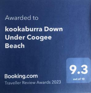 Sertifikāts, apbalvojums, norāde vai cits dokuments, kas ir izstādīts apskatei naktsmītnē kookaburra Down Under Coogee Beach