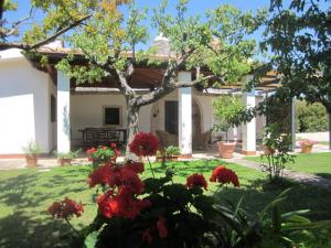 a house with red flowers in front of a yard at Trulli La Ghianda in Noci