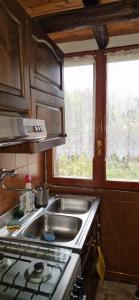 uma cozinha com um lavatório, um fogão e 2 janelas em Casa Sofia em Pamparato