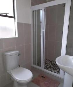 a bathroom with a shower and a toilet and a sink at Matholeng Gardens Guesthouse in Foso