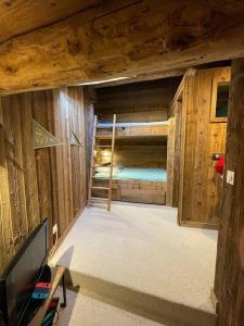 a room with a bunk bed and a tv in a cabin at Chalet au cœur de la haute Tarentaise in Séez