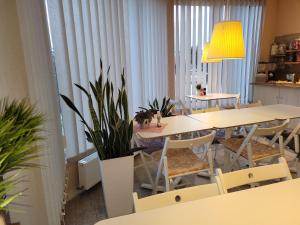 ein Restaurant mit weißen Tischen und Stühlen und Pflanzen in der Unterkunft Pro B&B in Osielsko