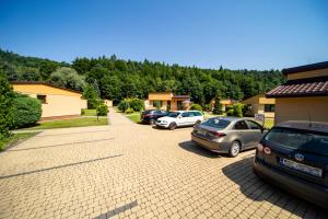 eine Gruppe von Autos, die auf einem Parkplatz geparkt sind in der Unterkunft Ponikiew Resort in Wadowice