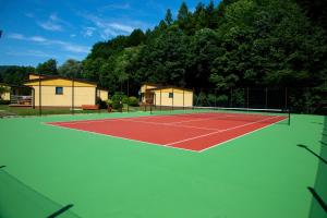 a tennis court with houses and trees in the background at Ponikiew Resort in Wadowice