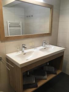 a bathroom with a white sink and a mirror at Mönchsberghof in Kleinarl