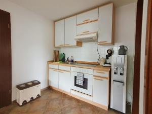 uma cozinha com armários brancos e um frigorífico branco em Rittergut Dornreichenbach 