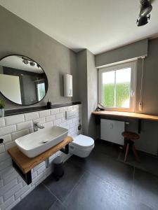 a bathroom with a sink and a toilet and a mirror at Ferienwohnung Meeresbucht in Sassnitz +13 photos