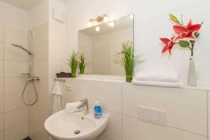 レリクにあるFerienwohnung Ostseebrise Rerikの洗面台と鏡のある白いバスルーム +9枚の写真