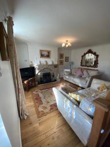 een woonkamer met een bank en een open haard bij Clearwater 17th Century Cottage in Richmond