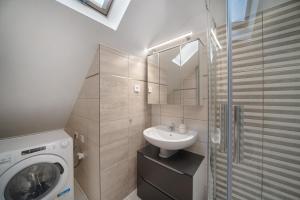 La salle de bains est pourvue d'un lavabo et d'un lave-linge. dans l'établissement Ágoston Apartman, à Pécs