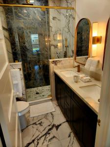 a bathroom with a sink and a shower and a toilet at Luxury Designer Villa by the Beach Bright Beautiful Brand New in Galveston