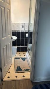 ein Bad mit einer Dusche, einem WC und einer Tür in der Unterkunft Rahal Concord in London