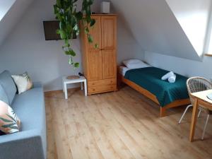 a small room with a bed and a couch at Apartament Stary Rynek in Stary Sącz