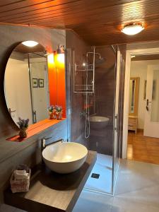 baño con lavabo grande y espejo en Alla Casa Medievale, en Cividale del Friuli