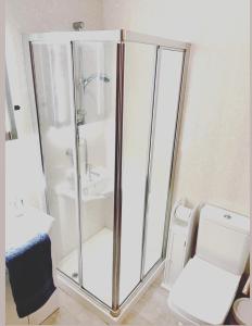 a glass shower stall with a sink and a toilet at 11 Atlantic Bay, Portstewart in Portstewart +22 photos