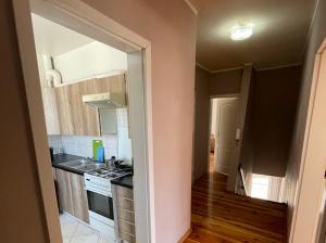 a kitchen with a sink and a stove top oven at MY.PK.HOSTEL in Poznań