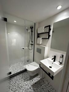 e bagno con doccia, servizi igienici e lavandino. di Trendy Canettes Hotel a Parigi