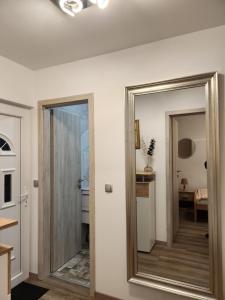 un pasillo con 2 espejos en una habitación en Apartma Maka, en Maribor