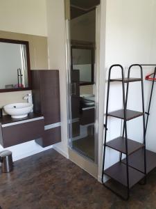 een badkamer met een wastafel, een spiegel en een ladder bij LA BATISSE l'arbre beige in Le Grand-Abergement