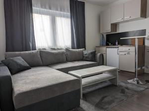 ein Wohnzimmer mit Sofa und eine Küche in der Unterkunft Hotel Ari in Kaiserslautern