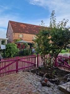 a pink fence in front of a house at Märchenhaft urlauben auf dem Alpakahof in Rambow
