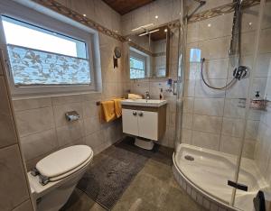 uma casa de banho com um WC, um chuveiro e um lavatório. em Appartements Waldruh em Achenkirch