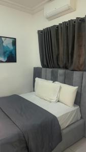 a bed with two pillows in a room with a window at Dlulus Ventures Mini Flat apartment sabo in Lagos