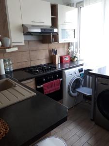 a kitchen with a stove and a washing machine at Apartament Telimena in Olsztyn