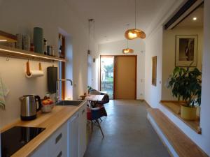 uma cozinha com um lavatório e uma bancada em Grüne Oase em Kiel