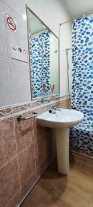 a bathroom with a sink and a shower with a mirror at Hostal Hotel EL Chato in El Barraco