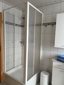 ein Bad mit einer Dusche, einer Badewanne und einem WC in der Unterkunft Ferienwohnung Aischgrund in Hallerndorf