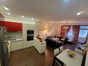 eine Küche und ein Wohnzimmer mit einem Sofa in der Unterkunft Spacious and Cozy Apartment in Tirana
