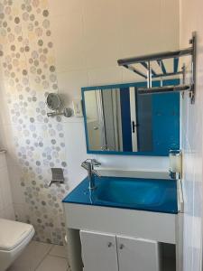a bathroom with a blue sink and a mirror at Cycad Palm Guest House Gaborone in Gaborone