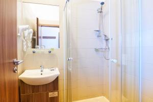a bathroom with a sink and a shower at Wellness Hotel Kocanda in Děčín