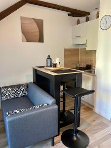 ein Wohnzimmer mit einem Sofa und einer Küche in der Unterkunft L'Hellébore - Centre ville de Rennes in Rennes